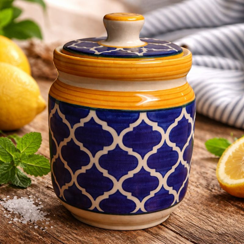 Sajaao Ceramic Storage Jar with Lid, Blue and Yellow Moroccan Pattern, Handcrafted Kitchen Container for Pickle, Spices, Tea, Coffee, Sugar (Blue, Set of 2)