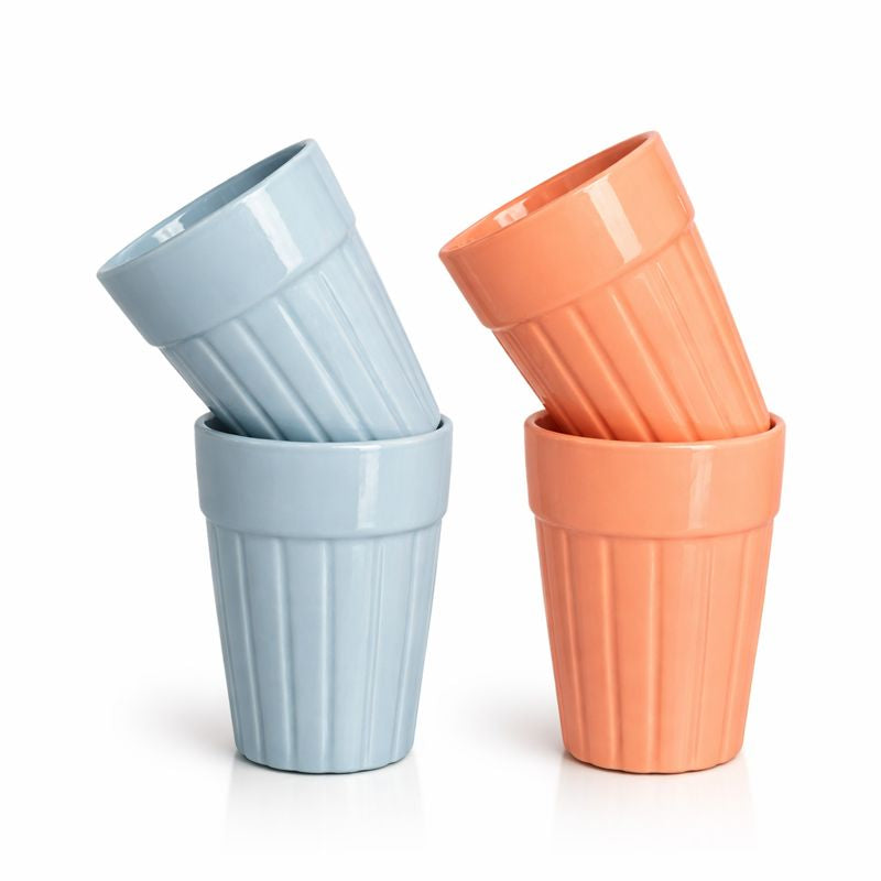 SAJAAO Cutting Chai Glass Ceramic Cup Set, Tea Coffee Milk Soup Beverages (Blue & Peach, Set of 4)