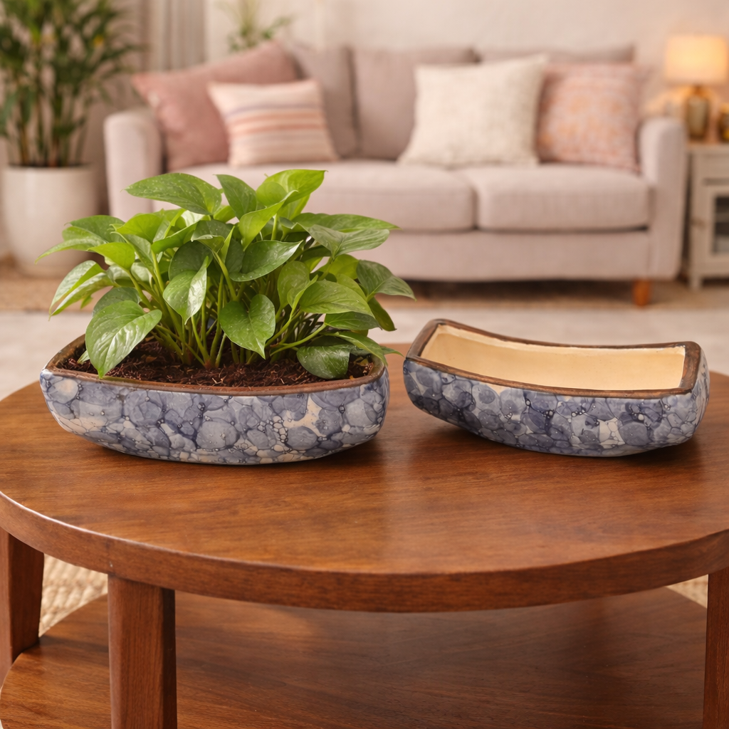 Sajaao Ceramic Planter, Handmade Decorative Flower Pot (Blue, Pack of 2)