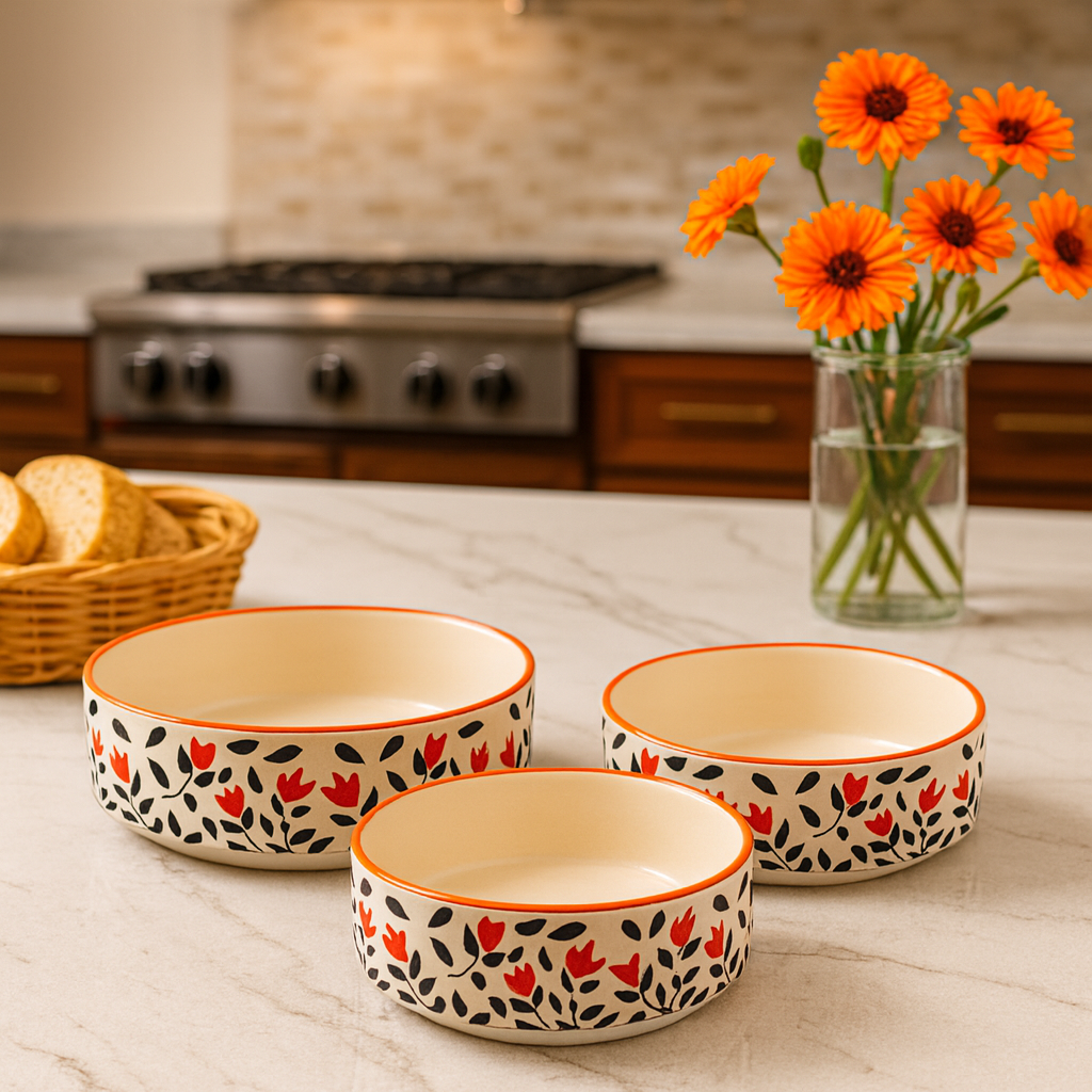 Sajaao Ceramic Salad Bowl Set, Ceramic plates for Salad, Fruit & Snacks, Multipurpose Platter (Floral with Orange Rim, Pack of 3)