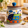 Sajaao Handpainted Hut Ceramic Storage Jar with Airtight Wooden Lid (450 ml)