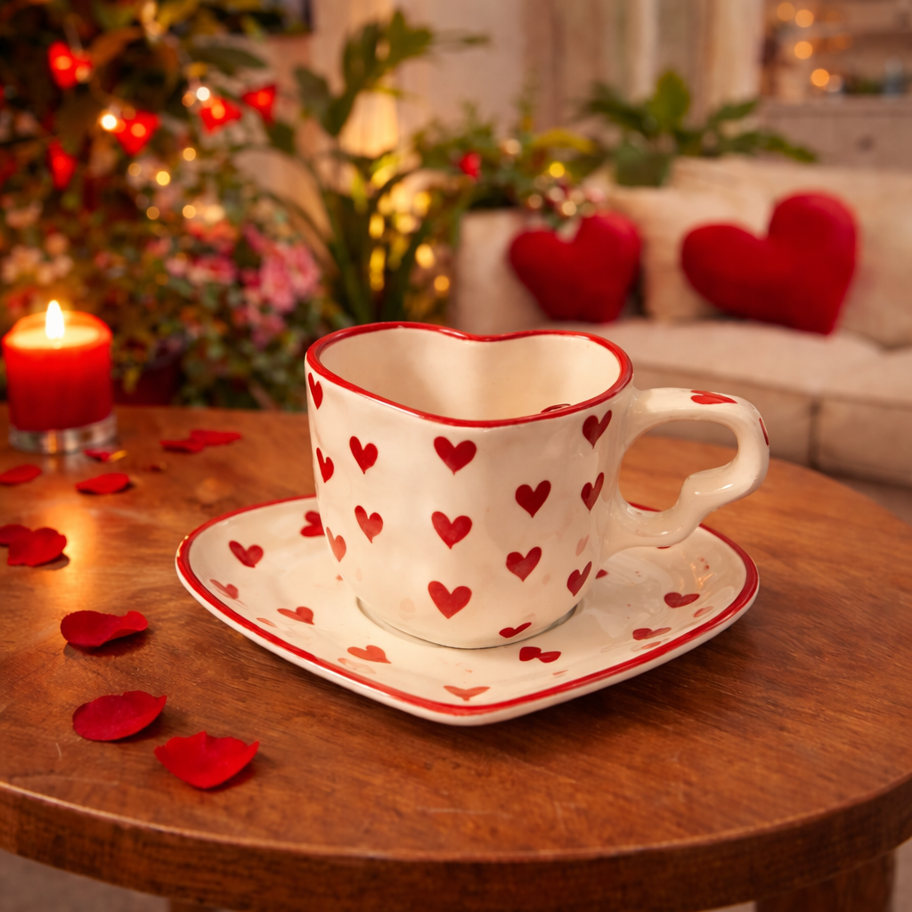 Sajaao Lovely Heart Mug Saucer Set, (Pack of 1)
