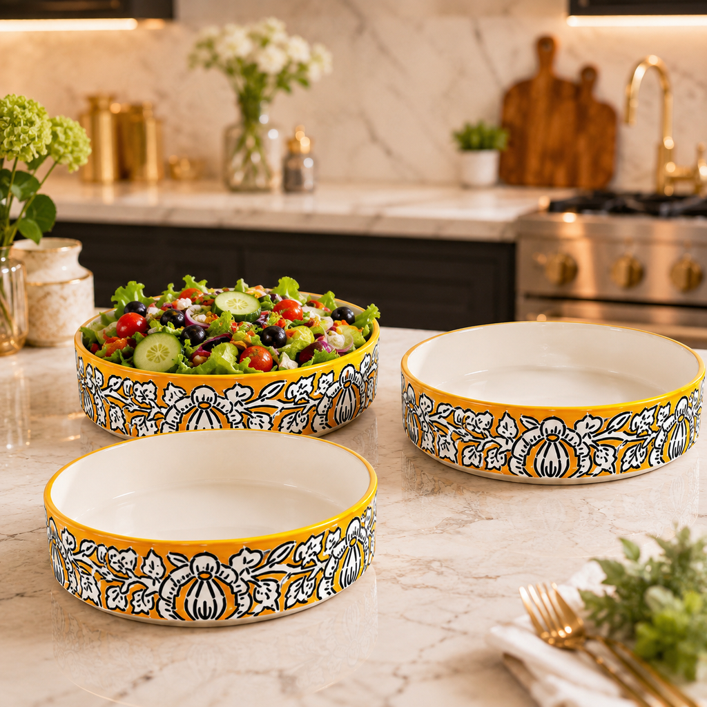 SAJAAO Ceramic Salad Bowl Set, Yellow Mughal Design, Microwave & Dishwasher Safe, Large Serving Bowls for Kitchen & Dining Decor (Yellow, Pack of 3)