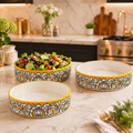 SAJAAO Ceramic Salad Bowl Set, Yellow Mughal Design, Microwave & Dishwasher Safe, Large Serving Bowls for Kitchen & Dining Decor (Yellow, Pack of 3)