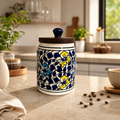SAJAAO Blue Petal Ceramic Storage Jar with Wooden Airtight Lid, 600 ml, Handcrafted Canister for Tea, Coffee, Sugar (Multicolour)