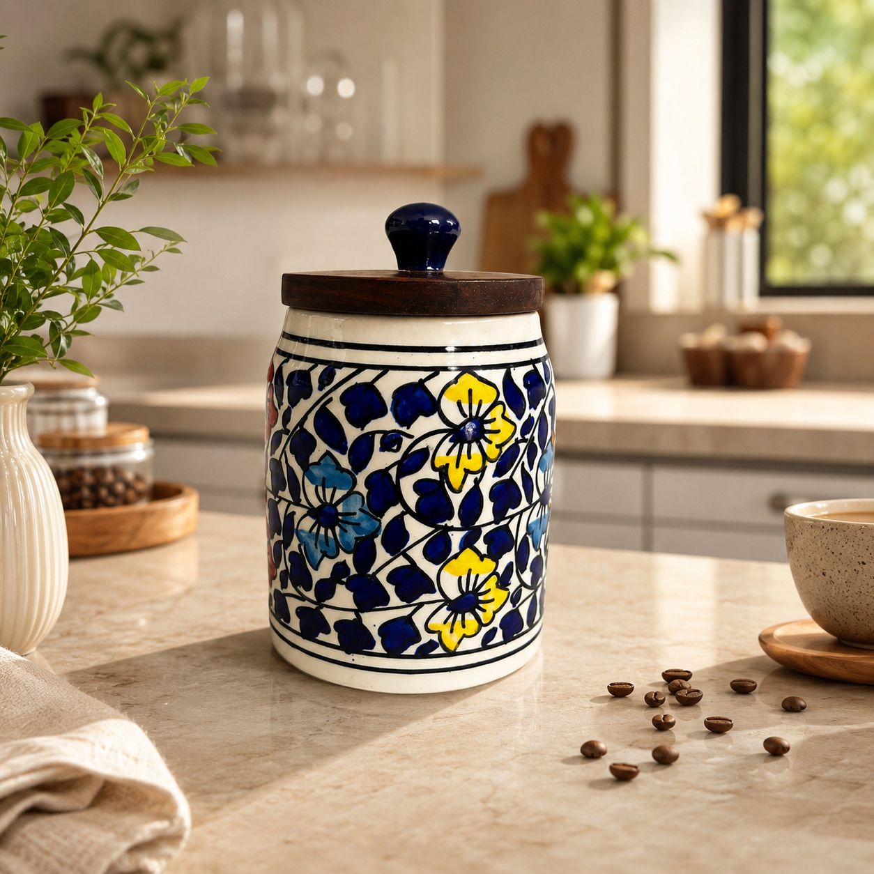 SAJAAO Blue Petal Ceramic Storage Jar with Wooden Airtight Lid, 600 ml, Handcrafted Canister for Tea, Coffee, Sugar (Multicolour)