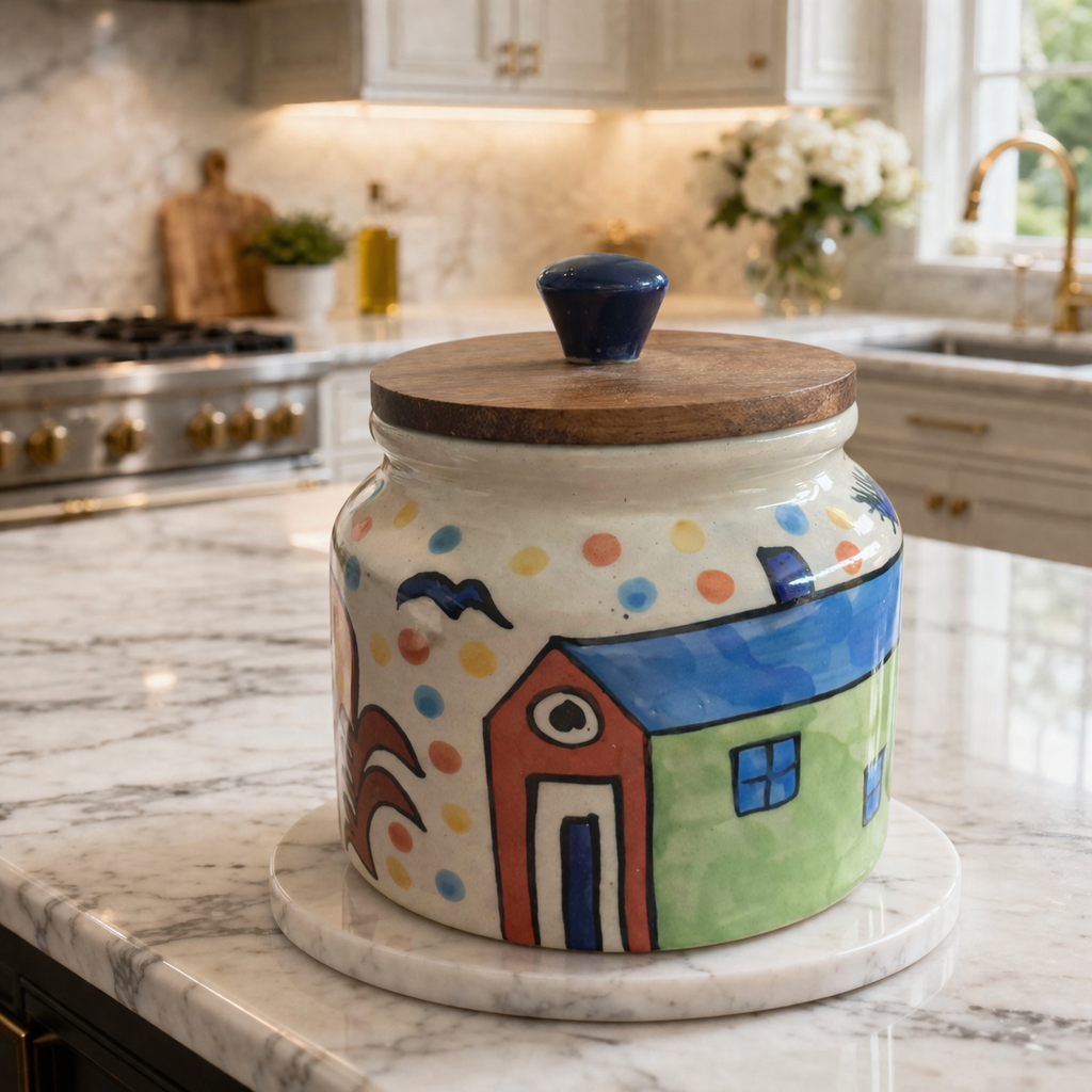 SAJAAO Jumbo Village Ceramic Jar With Airtight Wooden Lid (Multicolour, Pack of 1)