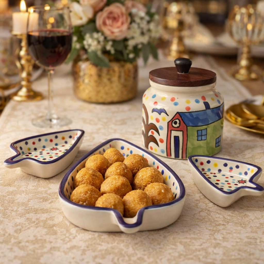 SAJAAO Handcrafted Airtight Ceramic Jar & Leaf Shaped Platter Combo (Pack of 4)