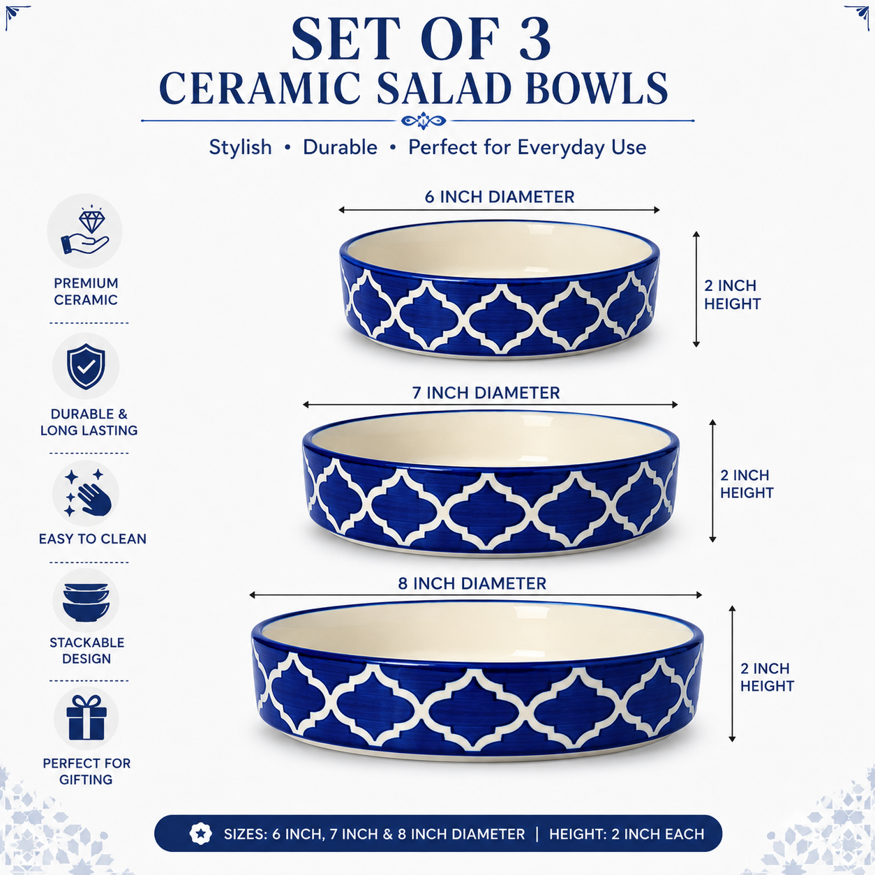 Sajaao blue pottery ceramic serving platter set of 3 (6,7,8 Inch)