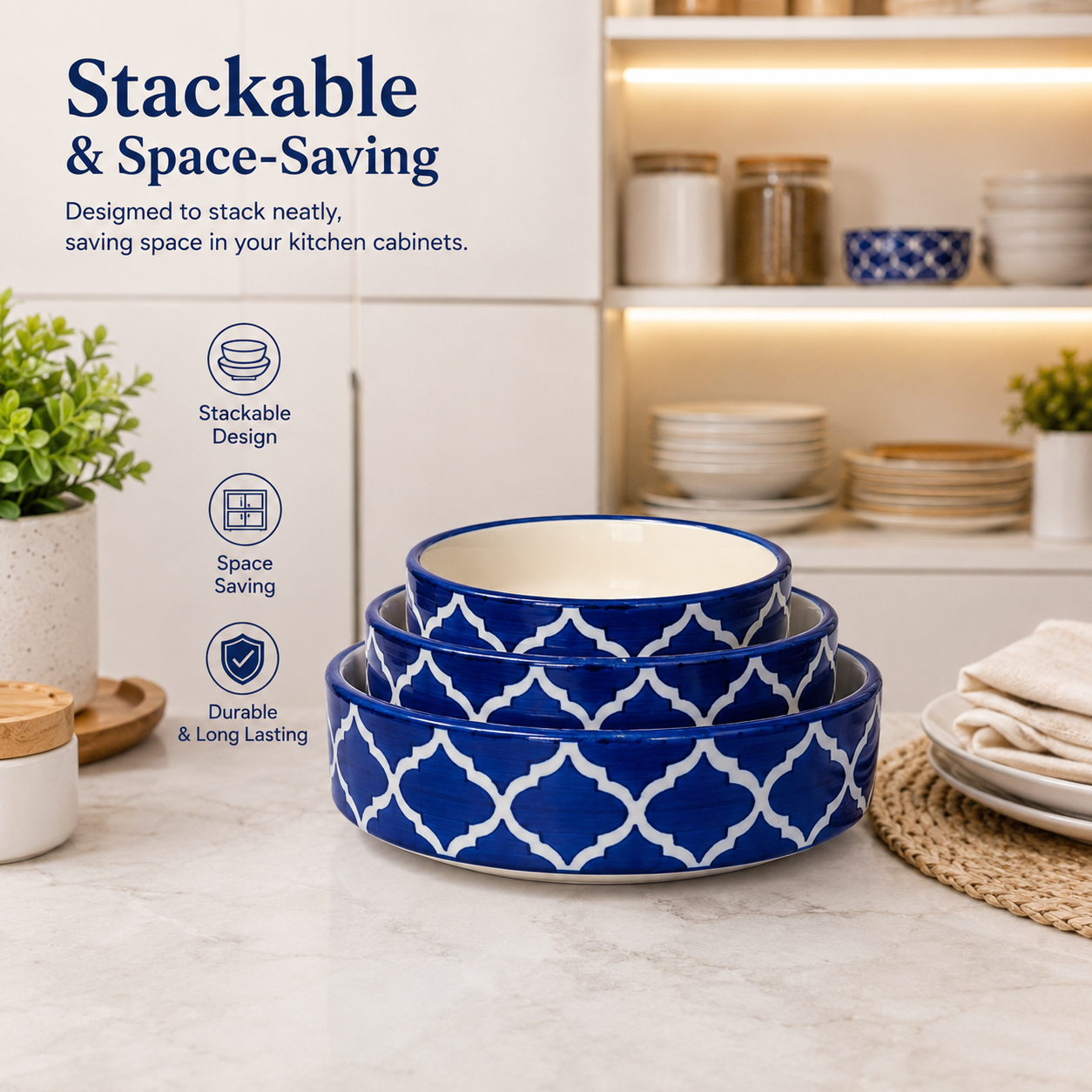Sajaao blue pottery ceramic serving platter set of 3 (6,7,8 Inch)