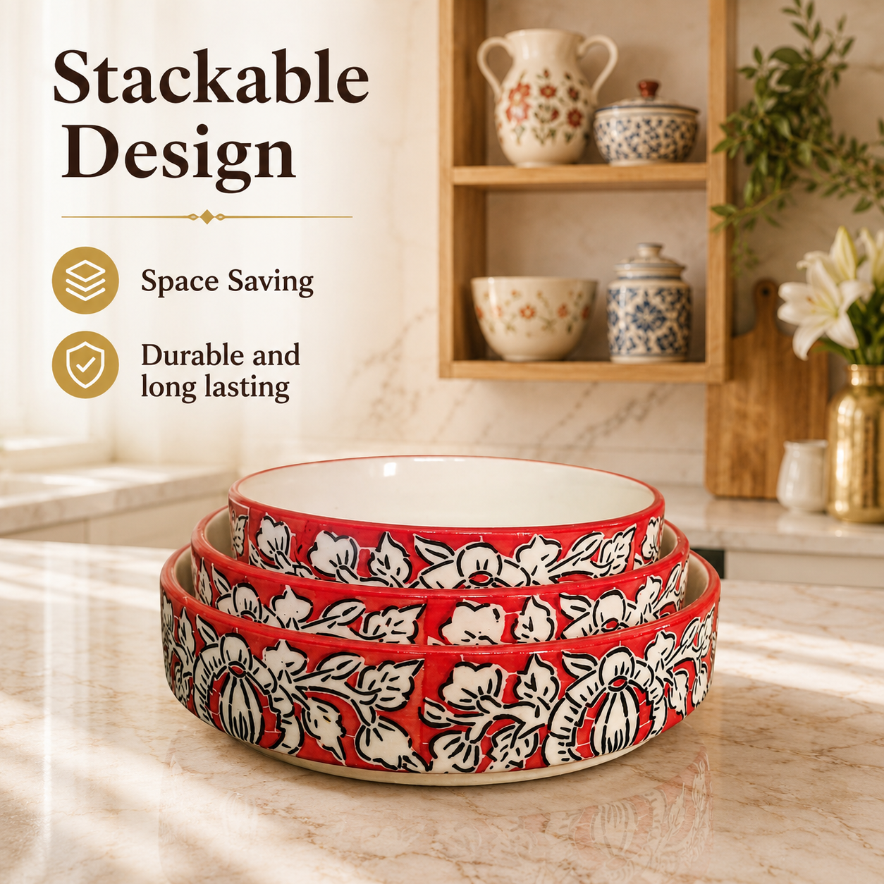 SAJAAO Ceramic Salad Bowl Set, Red Mughal Design, Microwave & Dishwasher Safe, Large Serving Bowls for Kitchen & Dining Decor (Red, Pack of 3)