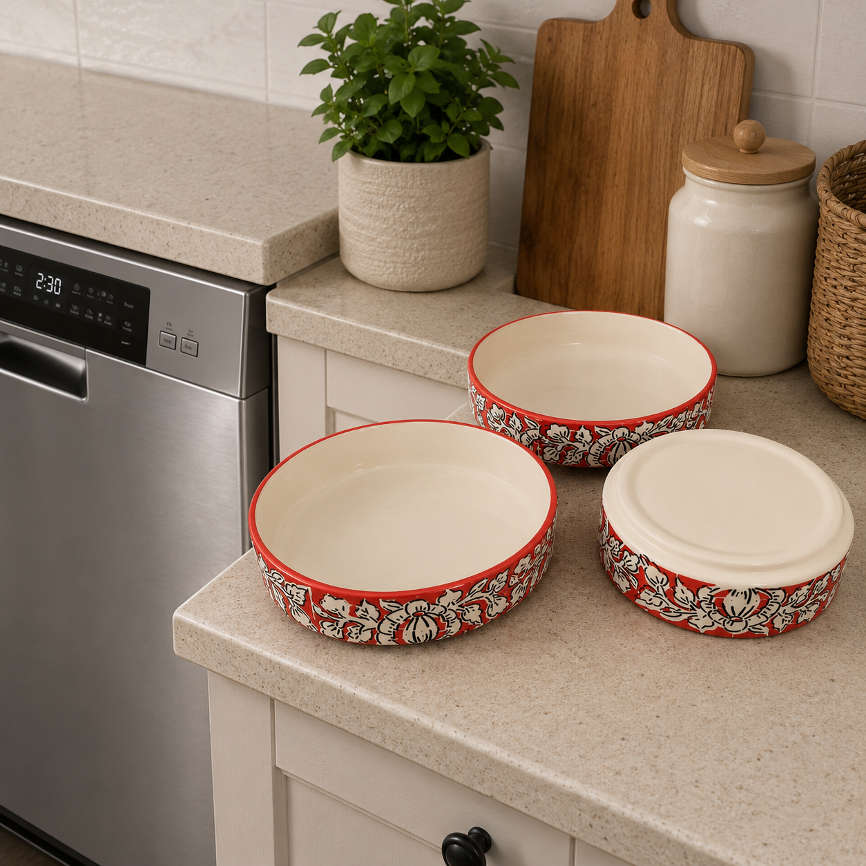 SAJAAO Ceramic Salad Bowl Set, Red Mughal Design, Microwave & Dishwasher Safe, Large Serving Bowls for Kitchen & Dining Decor (Red, Pack of 3)