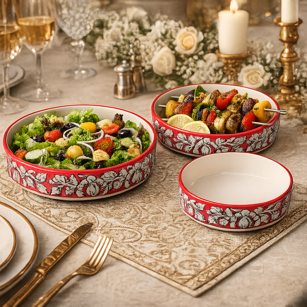 SAJAAO Ceramic Salad Bowl Set, Red Mughal Design, Microwave & Dishwasher Safe, Large Serving Bowls for Kitchen & Dining Decor (Red, Pack of 3)