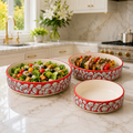 SAJAAO Ceramic Salad Bowl Set, Red Mughal Design, Microwave & Dishwasher Safe, Large Serving Bowls for Kitchen & Dining Decor (Red, Pack of 3)