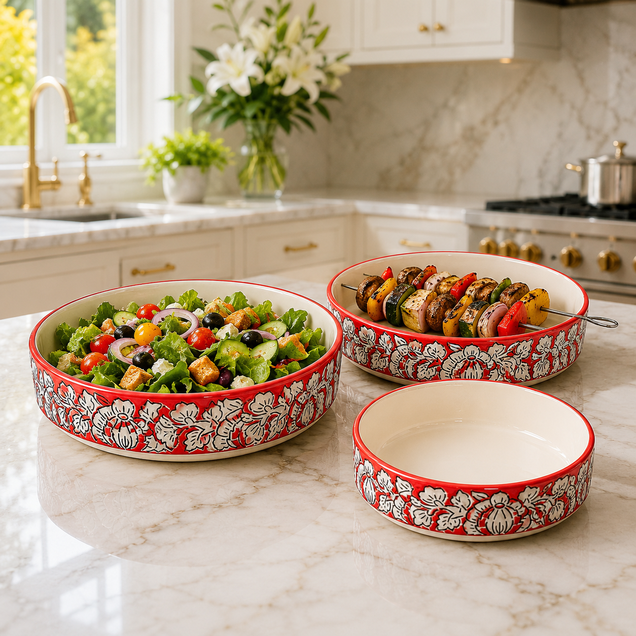 SAJAAO Ceramic Salad Bowl Set, Red Mughal Design, Microwave & Dishwasher Safe, Large Serving Bowls for Kitchen & Dining Decor (Red, Pack of 3)
