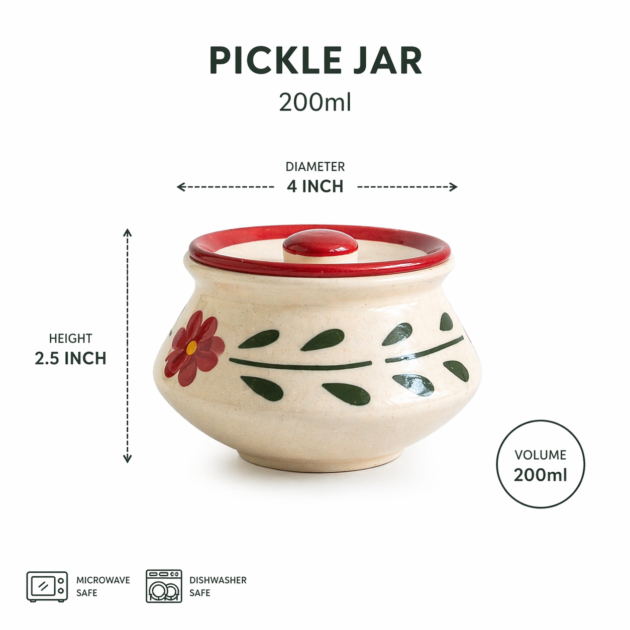 SAJAAO Mini Ceramic Pickle Jar with Lid, Handcrafted Chutney, Curd, Masala, Achaar Storage Containers (Set of 2, Multicolour, 200ml each)