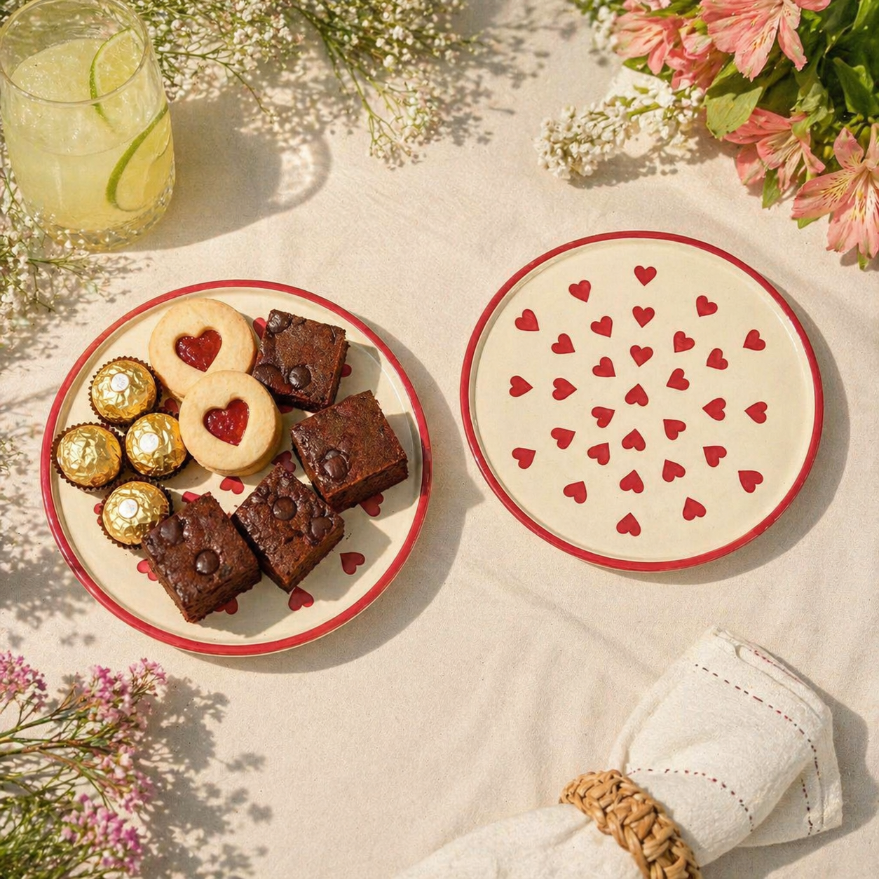 SAJAAO Ceramic Serving Platter | Red Heart Print Pizza Plates | Microwave & Dishwasher Safe Serveware | Ideal for Gifting, Serving Snacks, Salads, Starters & Noodles (Set of 2)