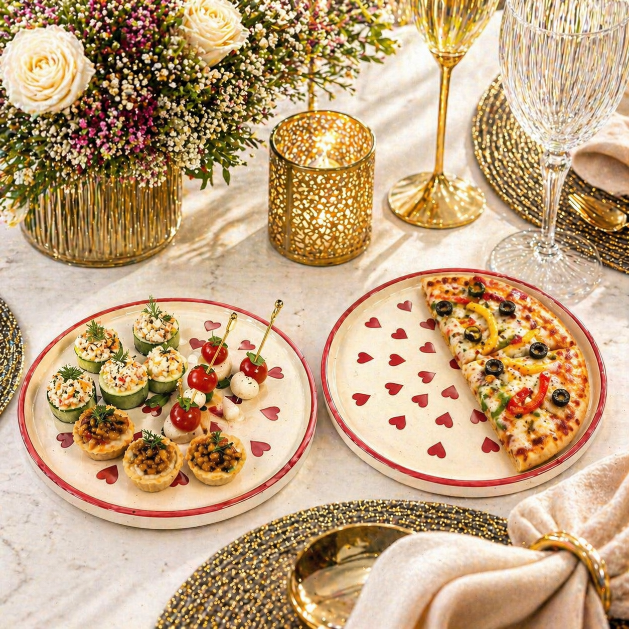 SAJAAO Ceramic Serving Platter | Red Heart Print Pizza Plates | Microwave & Dishwasher Safe Serveware | Ideal for Gifting, Serving Snacks, Salads, Starters & Noodles (Set of 2)
