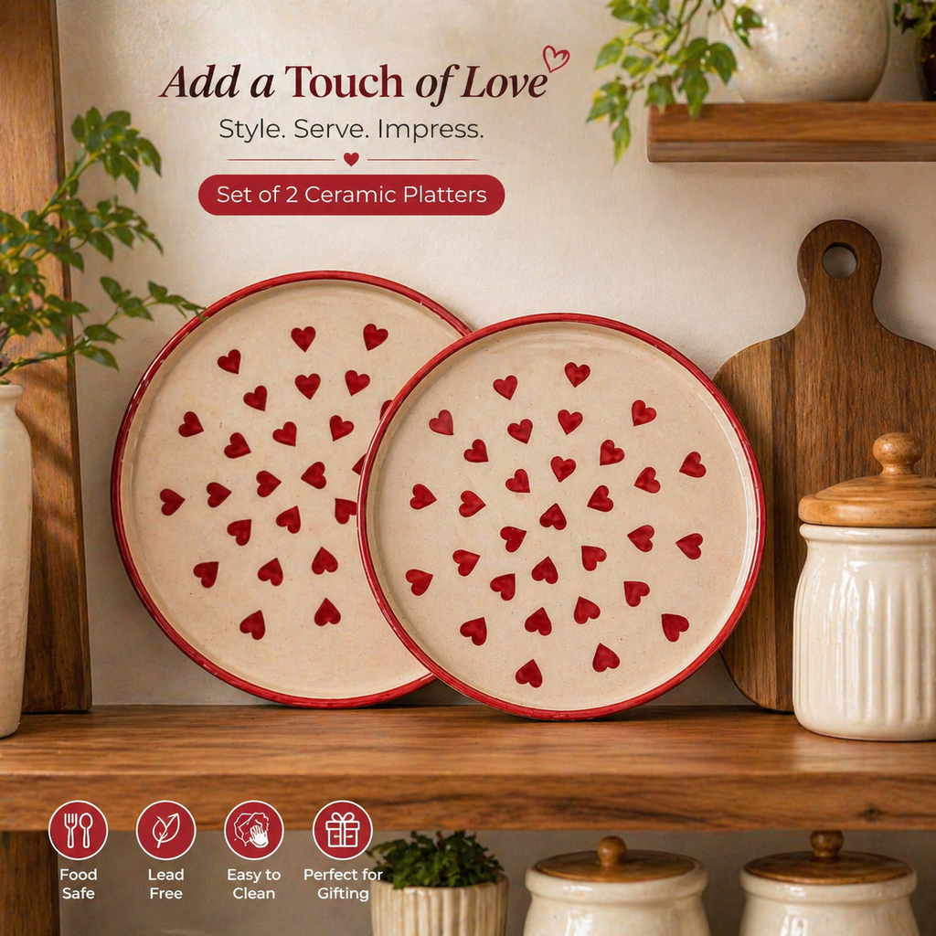 SAJAAO Ceramic Serving Platter | Red Heart Print Pizza Plates | Microwave & Dishwasher Safe Serveware | Ideal for Gifting, Serving Snacks, Salads, Starters & Noodles (Set of 2)