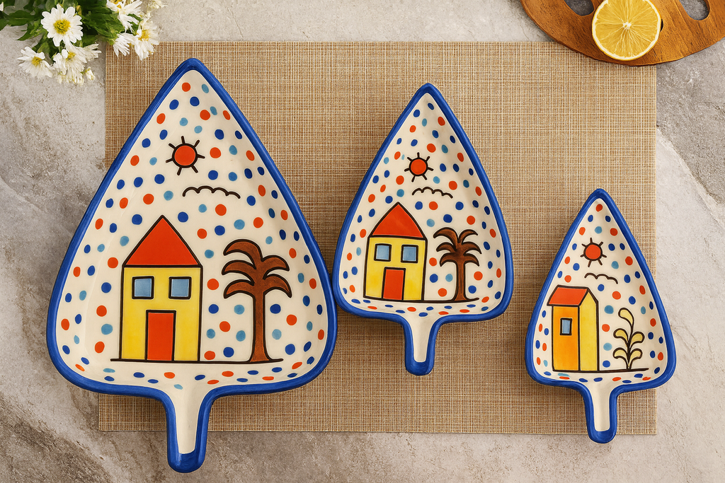 SAJAAO Handcrafted Airtight Ceramic Jar & Leaf Shaped Platter Combo (Pack of 4)
