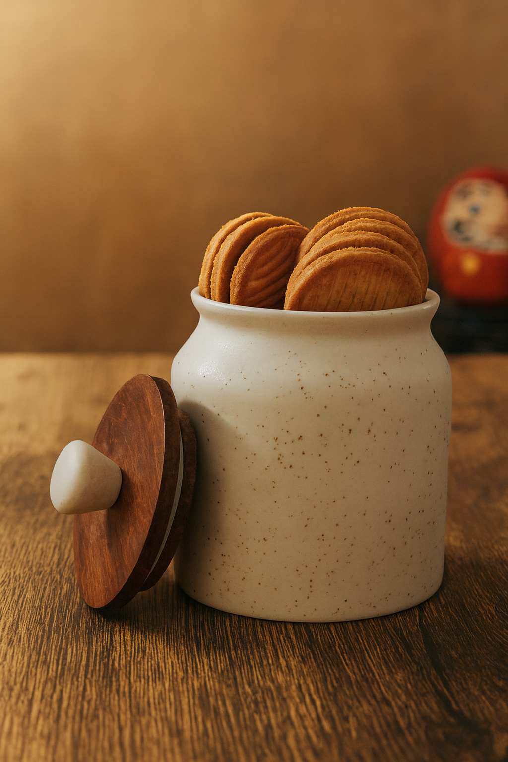 Sajaao Ceramic Storage Jar with Airtight Wooden lid (Off White, 450ml)
