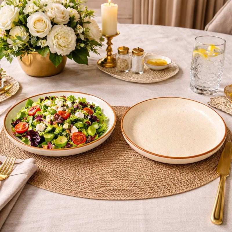 SAJAAO Ceramic Serving Platter Set, Premium Dinnerware for Serving Snacks, Salad, Fruit, Ramen, Appetizers, Noodles (Cream, Pack of 2)