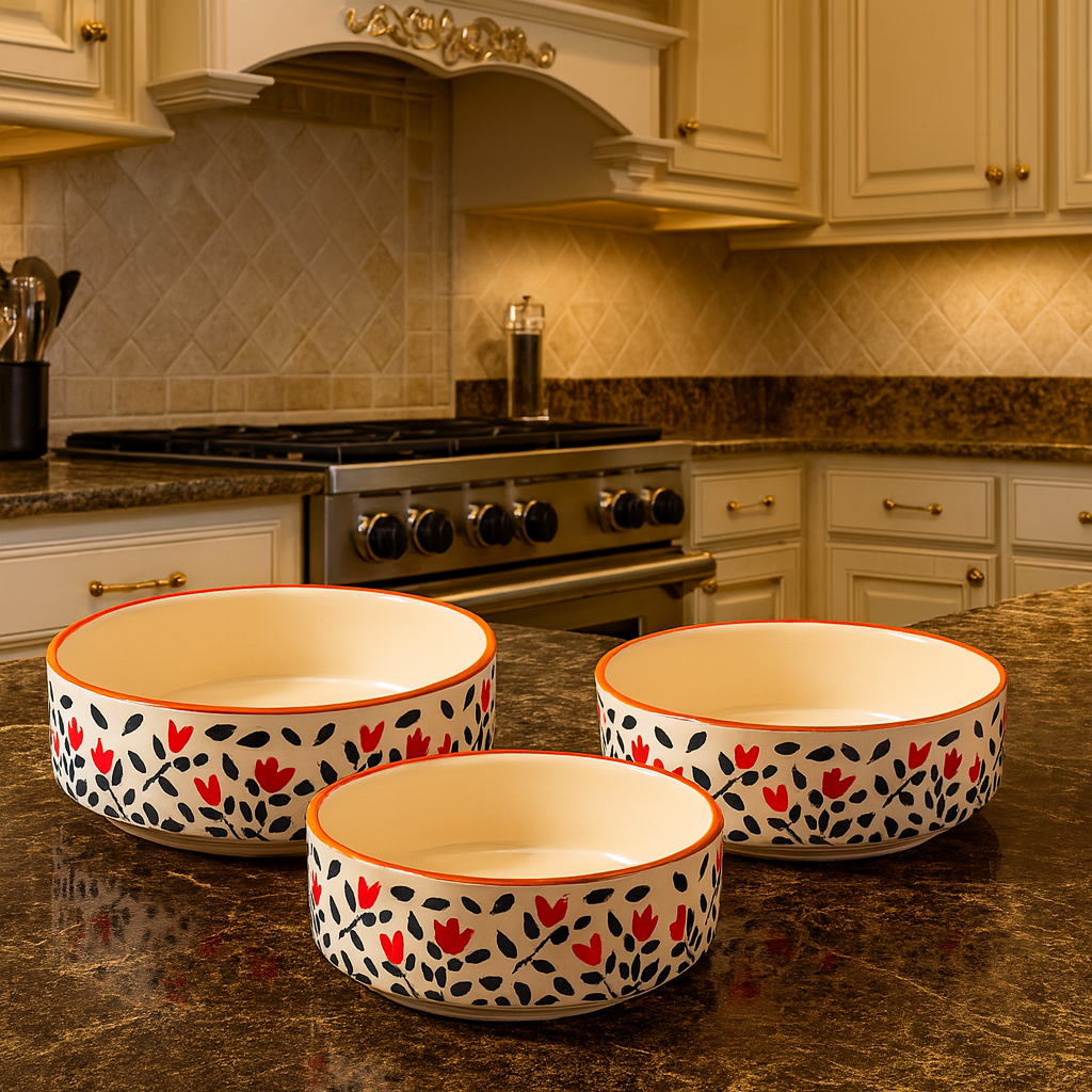 Sajaao Ceramic Salad Bowl Set, Ceramic plates for Salad, Fruit & Snacks, Multipurpose Platter (Floral with Orange Rim, Pack of 3)