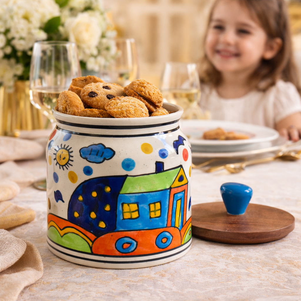 Sajaao Handpainted Hut Ceramic Storage Jar with Airtight Wooden Lid (450 ml)