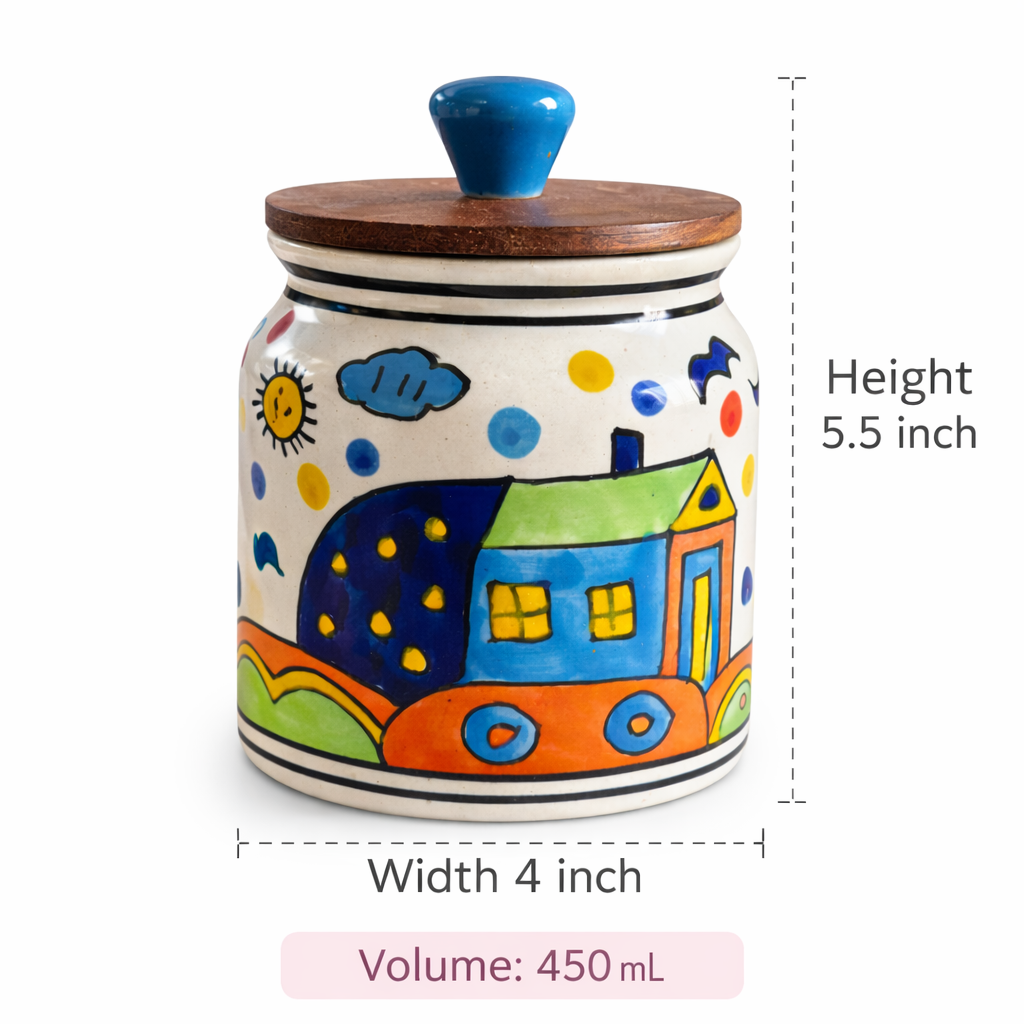Sajaao Handpainted Hut Ceramic Storage Jar with Airtight Wooden Lid (450 ml)