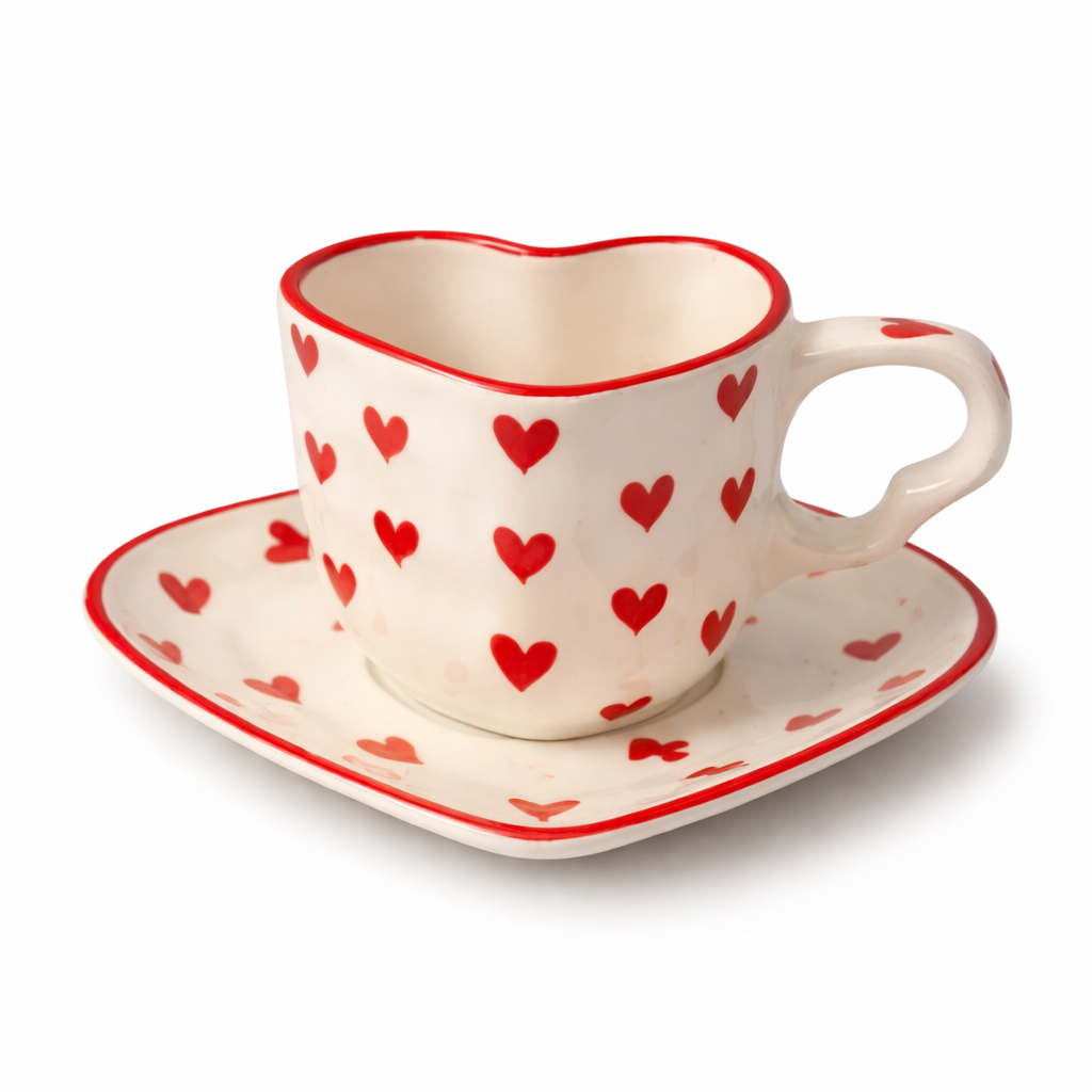 Sajaao Lovely Heart Mug Saucer Set, (Pack of 1)