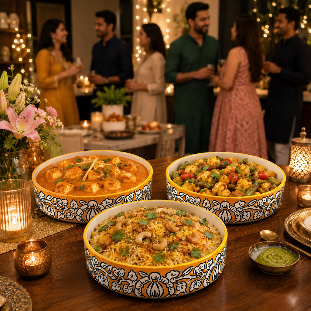 SAJAAO Ceramic Salad Bowl Set, Yellow Mughal Design, Microwave & Dishwasher Safe, Large Serving Bowls for Kitchen & Dining Decor (Yellow, Pack of 3)