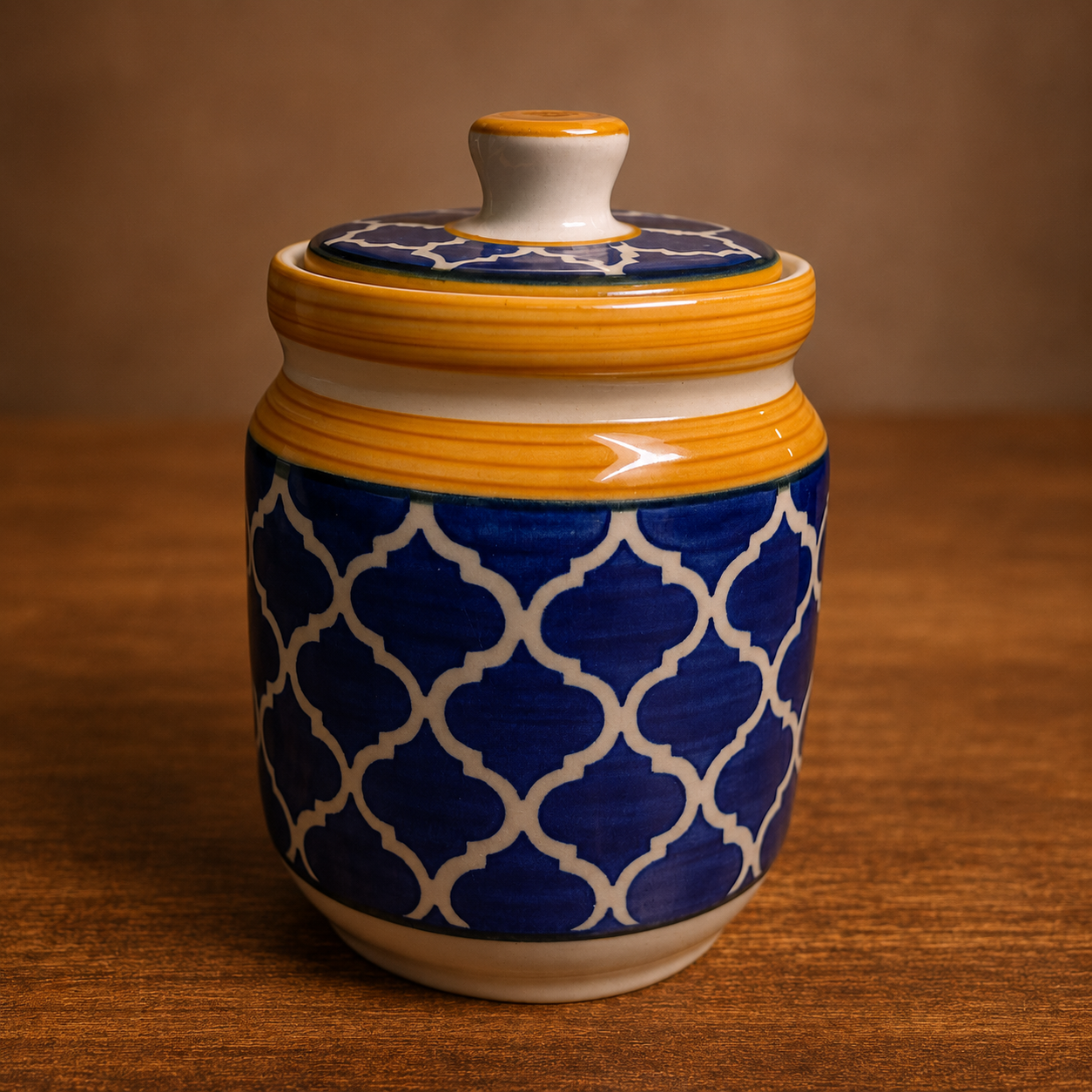 Handcrafted Blue Pottery Ceramic Jar yellow rim and  ceramic lid 750 ml pack of 1