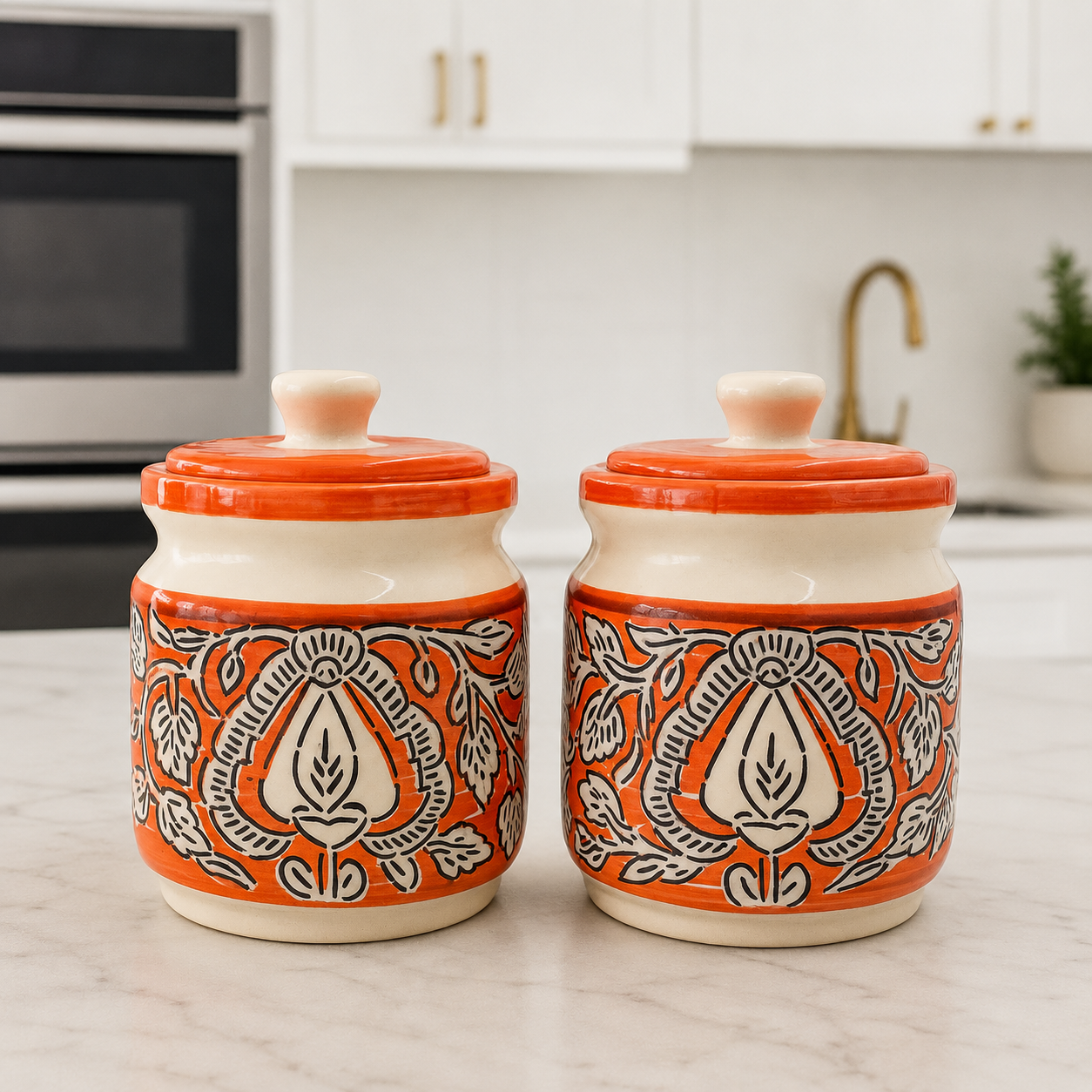 Handcrafted Ceramic Jar Set with ceramic lid 750 ml  Moroccan design  (Set of 2)