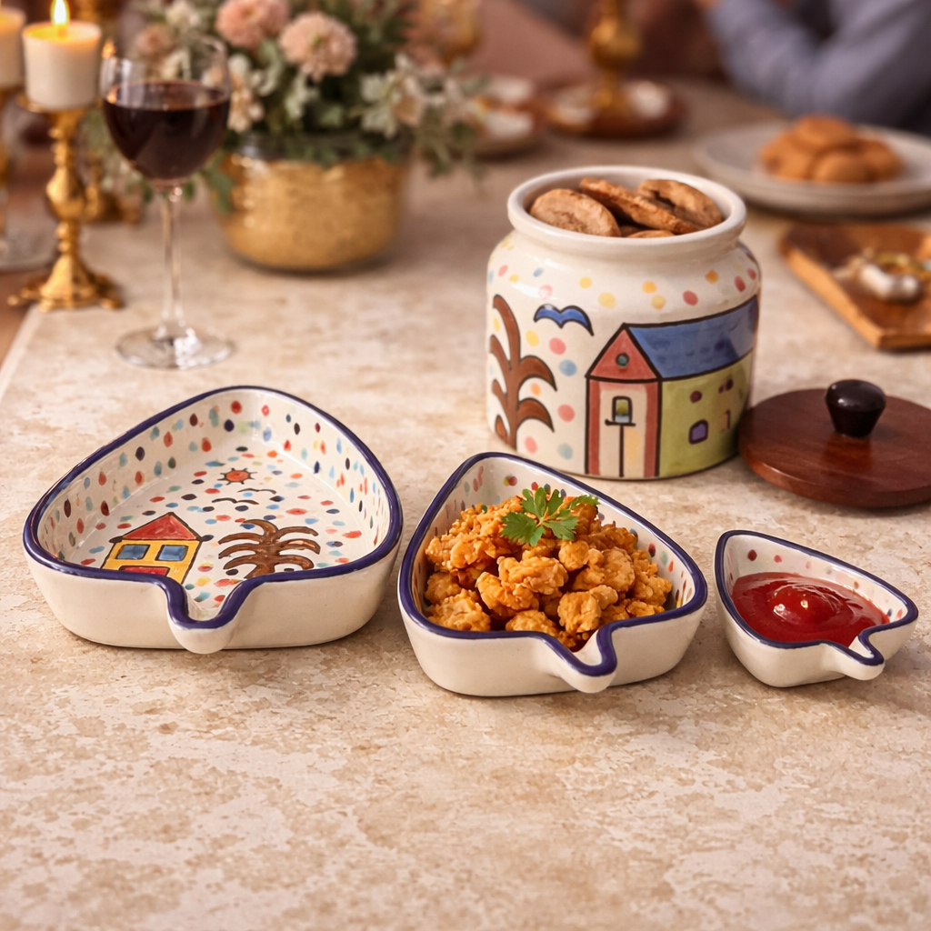 SAJAAO Handcrafted Airtight Ceramic Jar & Leaf Shaped Platter Combo (Pack of 4)