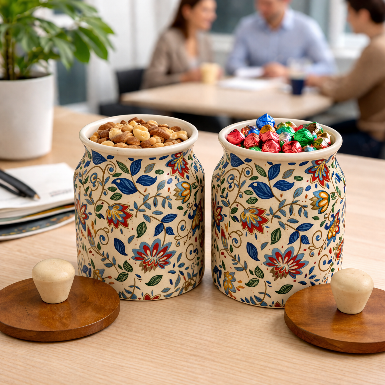 Sajaao Floral Air tight Ceramic Storage Jar, Handcrafted Kitchen Container (Multicolour, 450ml, Set of 2)den lid.