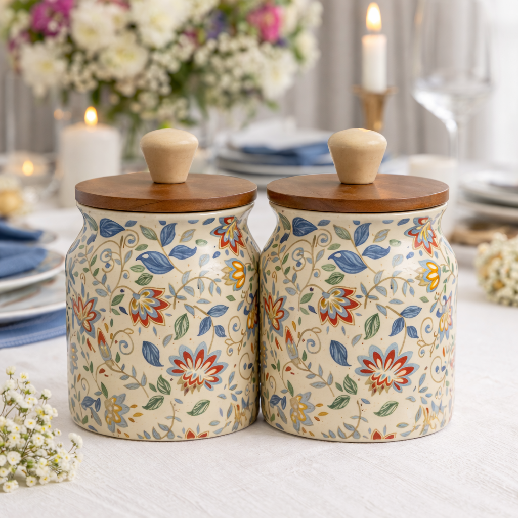 Sajaao Floral Air tight Ceramic Storage Jar, Handcrafted Kitchen Container (Multicolour, 450ml, Set of 2)den lid.