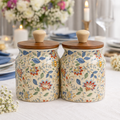 Sajaao Floral Air tight Ceramic Storage Jar, Handcrafted Kitchen Container (Multicolour, 450ml, Set of 2)den lid.