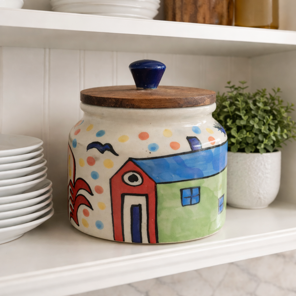 SAJAAO Jumbo Village Ceramic Jar With Airtight Wooden Lid (Multicolour, Pack of 1)