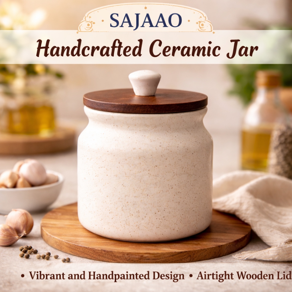 Sajaao Ceramic Storage Jar with Airtight Wooden lid (Off White, 450ml)