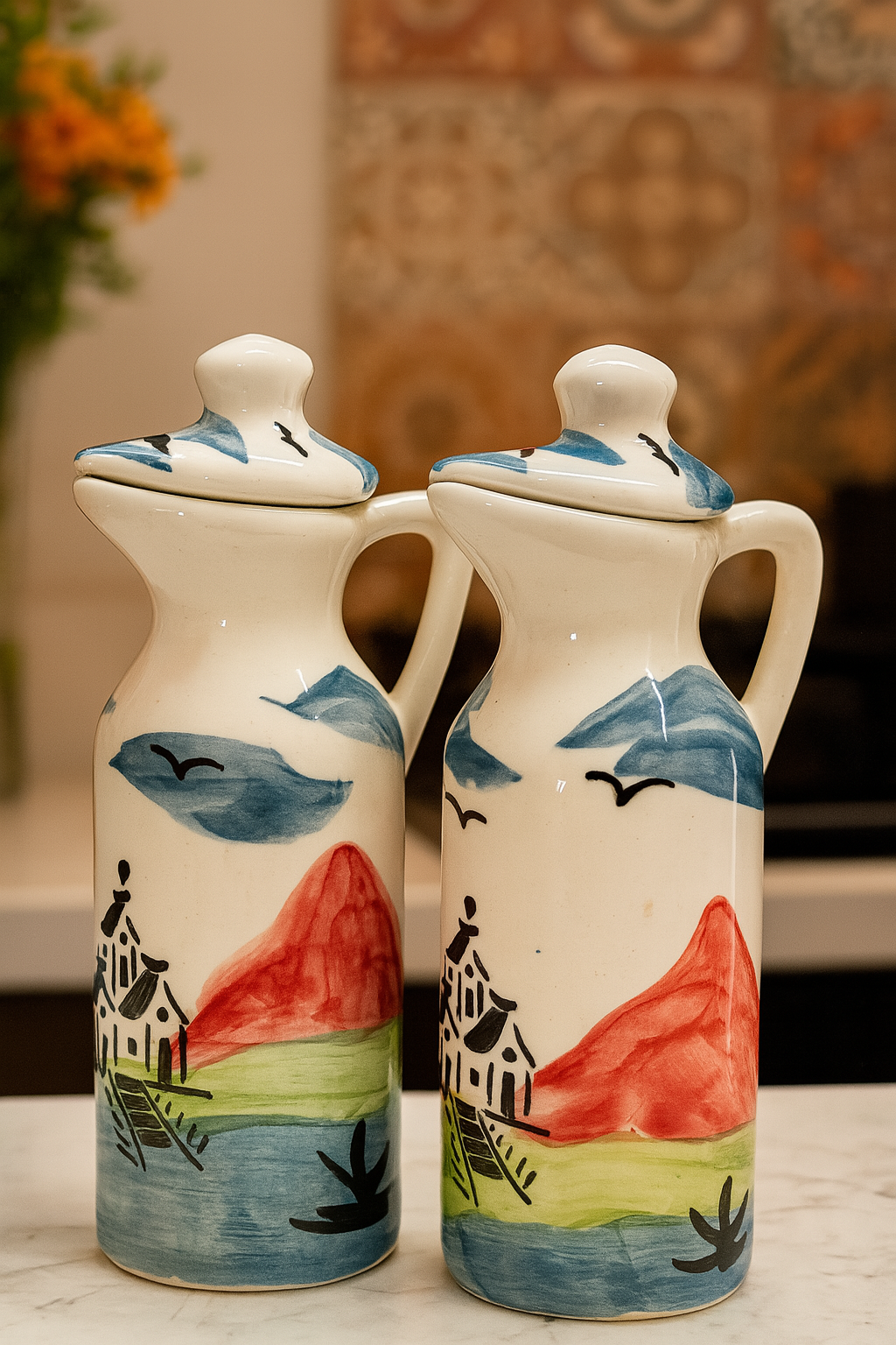 Hand‑Painted Hut - Ceramic Oil Dispenser Set of 2