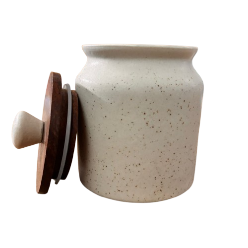 Sajaao Ceramic Storage Jar with Airtight Wooden lid (Off White, 450ml)
