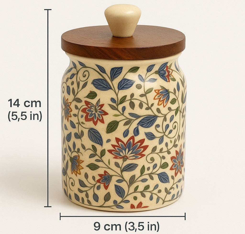 “Handcrafted Floral Ceramic Storage Jar with Wooden Lid”