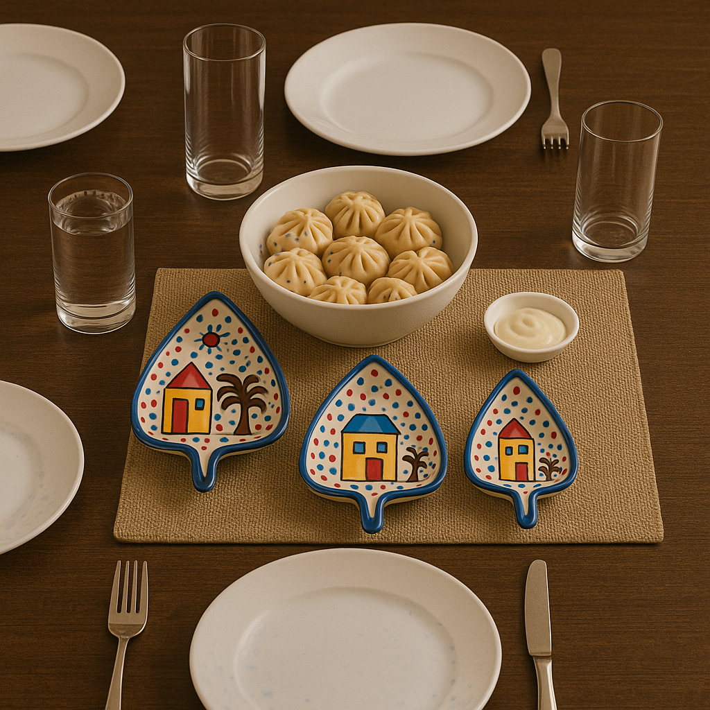 Sajaao Ceramic Serving Platters , Hand Painted Hut Design with Polka Dots for Serving Sweets, Cookies, Dry Fruits (Multicolour, Set of 3)