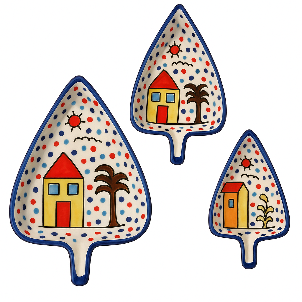 Sajaao Ceramic Serving Platters , Hand Painted Hut Design with Polka Dots for Serving Sweets, Cookies, Dry Fruits (Multicolour, Set of 3)