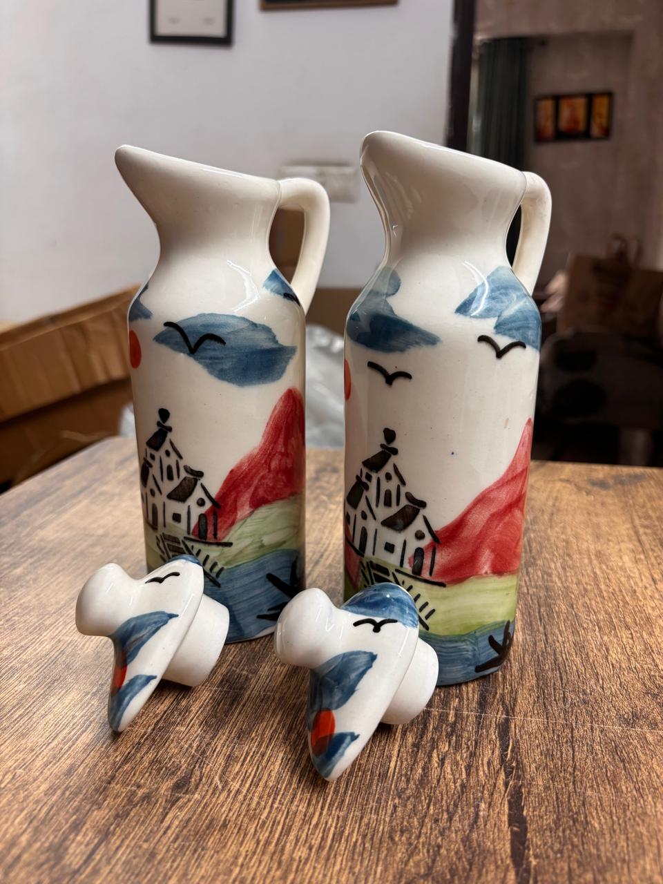 Hand‑Painted Hut - Ceramic Oil Dispenser Set of 2