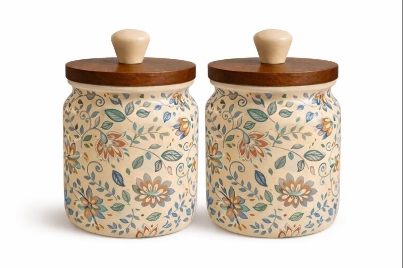 Sajaao Floral air tight ceramic storage jar set of 2 , wooden lid ,barni . tea, coffee, sugar, salt, chutni , dryfruits , stoneware kitchen container , aesthetic moroccan design , wedding,anniversary gift to friends and family (Set of 2)