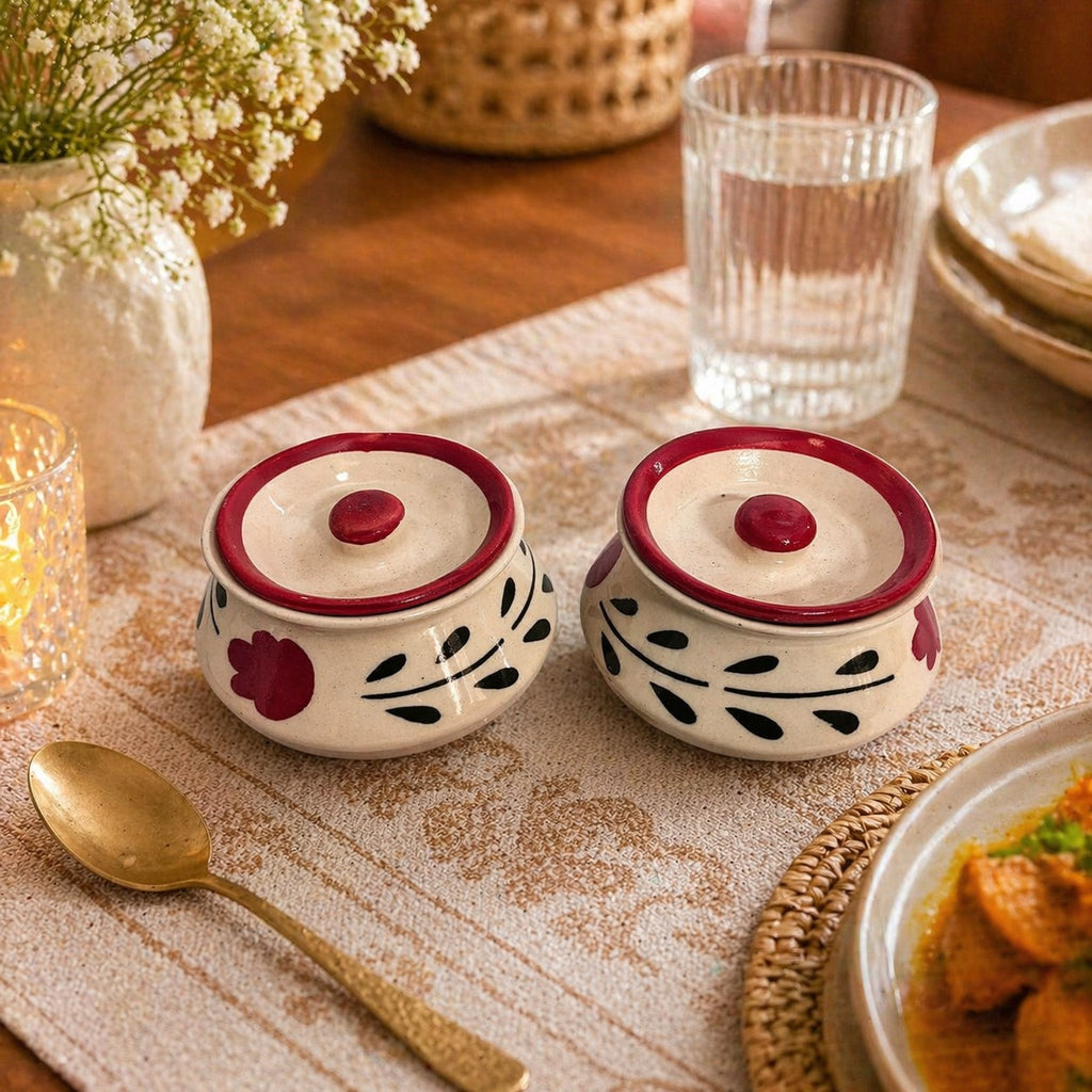 SAJAAO Mini Ceramic Pickle Jar with Lid, Handcrafted Chutney, Curd, Masala, Achaar Storage Containers (Set of 2, Multicolour, 200ml each)
