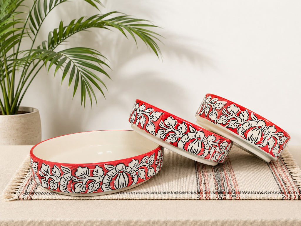 SAJAAO Ceramic Salad Bowl Set, Red Mughal Design, Microwave & Dishwasher Safe, Large Serving Bowls for Kitchen & Dining Decor (Red, Pack of 3)