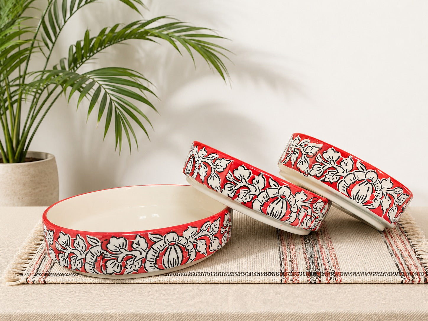 SAJAAO Ceramic Salad Bowl Set, Red Mughal Design, Microwave & Dishwasher Safe, Large Serving Bowls for Kitchen & Dining Decor (Red, Pack of 3)