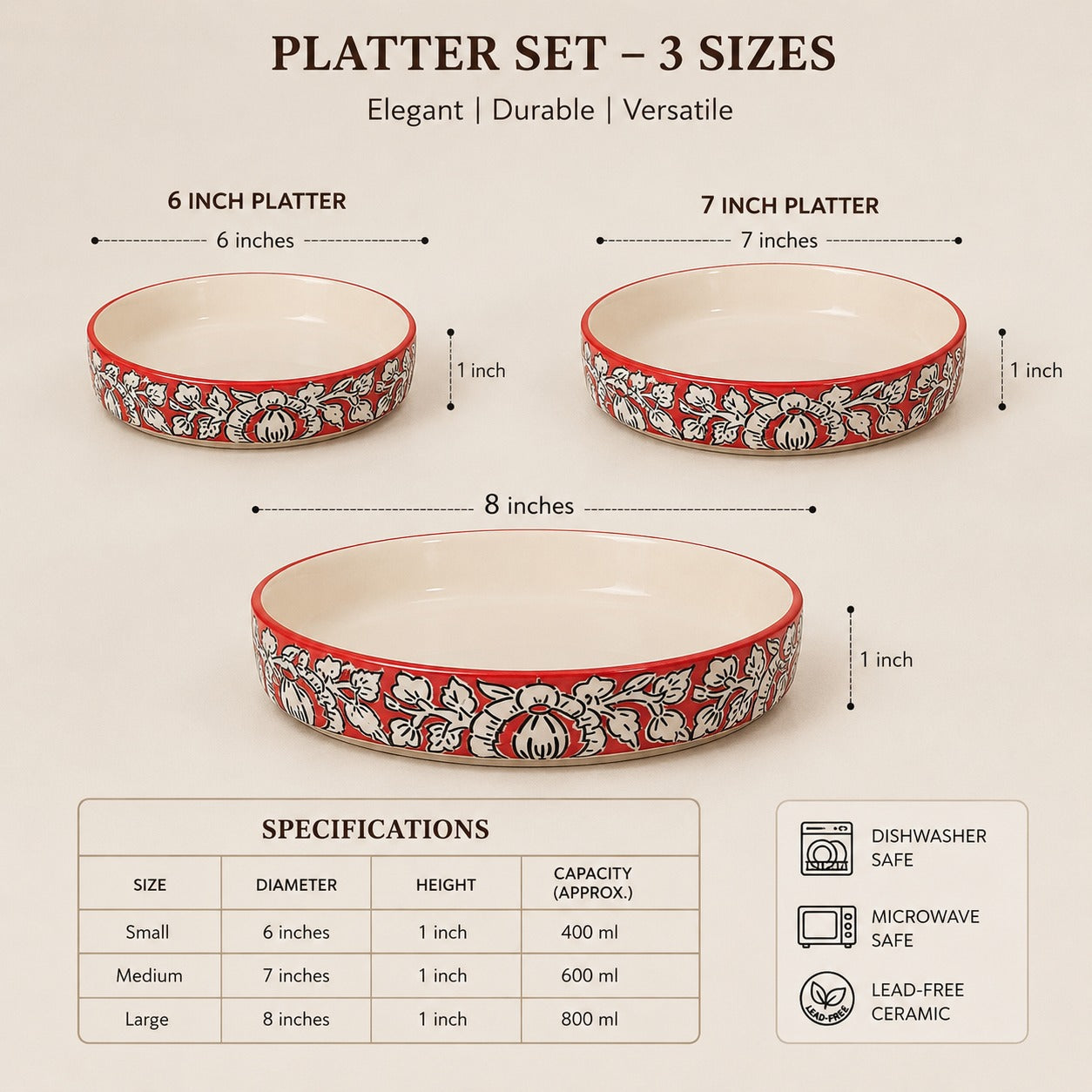 SAJAAO Ceramic Salad Bowl Set, Red Mughal Design, Microwave & Dishwasher Safe, Large Serving Bowls for Kitchen & Dining Decor (Red, Pack of 3)